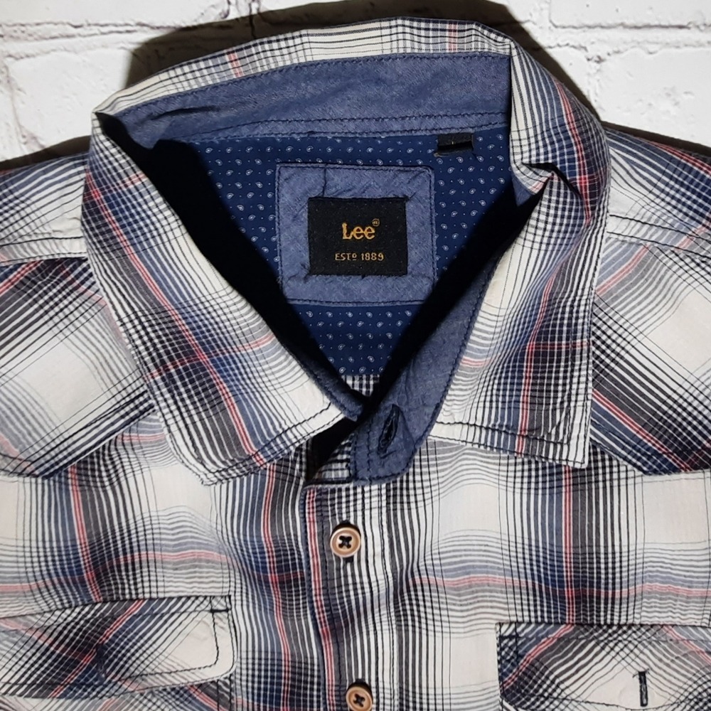 LEE Plaid and Chambray Short Sleeve Button Front Shirt Size L